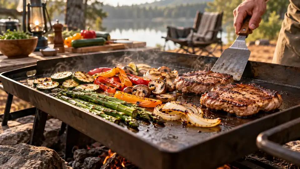 broad carbon steel griddle cooking vegetables and seared food