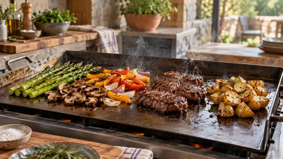 broad carbon steel griddle cooking vegetables and seared food