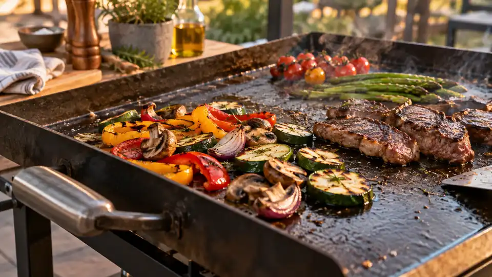 broad carbon steel griddle cooking vegetables and seared food