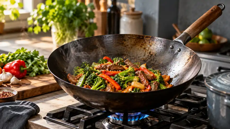 carbon steel wok with a colorful stir-fry on a stovetop