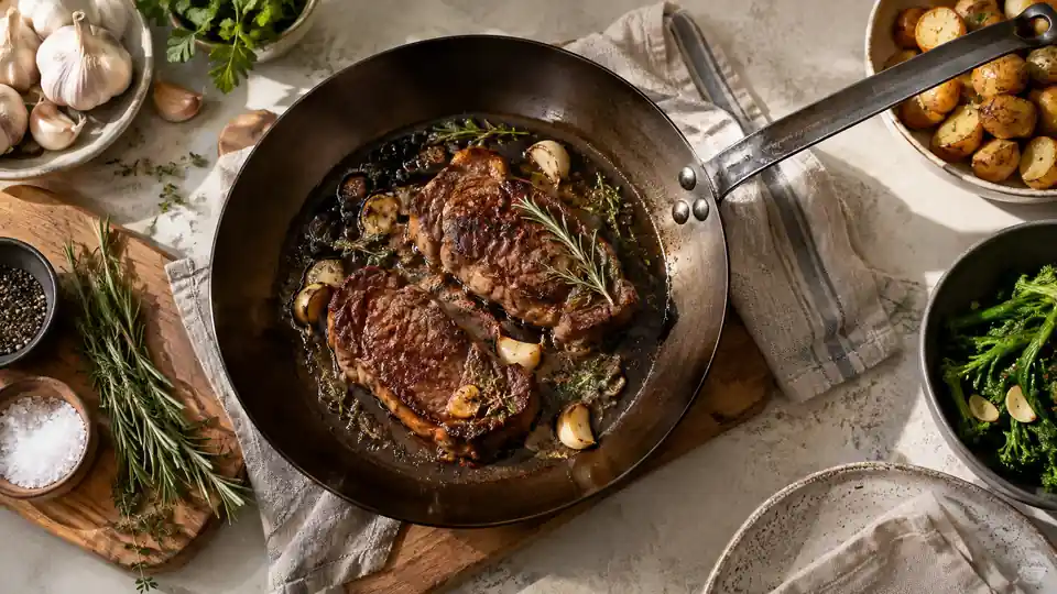 carbon steel pan in a realistic home kitchen cooking scene