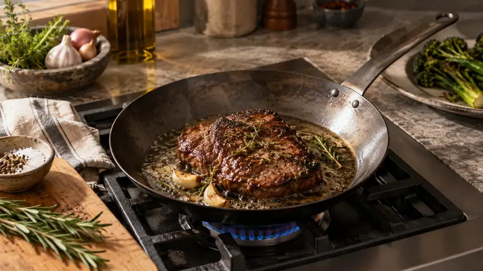 carbon steel pan in a realistic home kitchen cooking scene