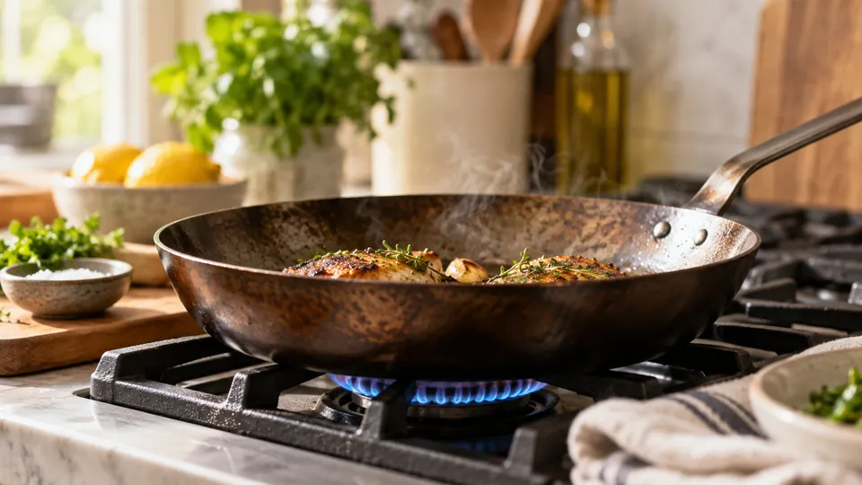 carbon steel pan on a modern cooking surface with heat visible