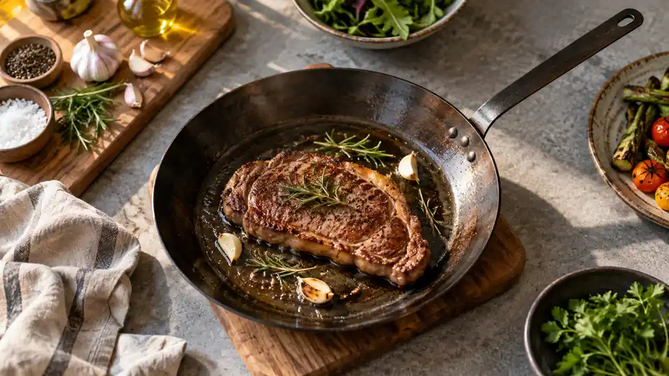 carbon steel pan in a realistic home kitchen cooking scene