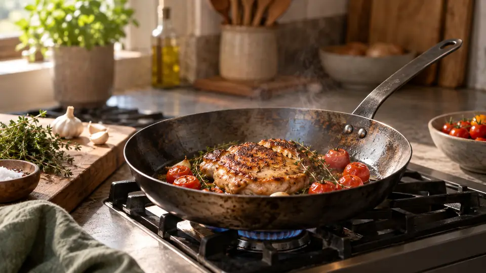 carbon steel pan in a realistic home kitchen cooking scene