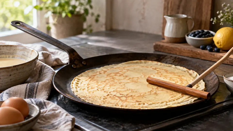 flat carbon steel crepe pan with a thin crepe and wooden spreader