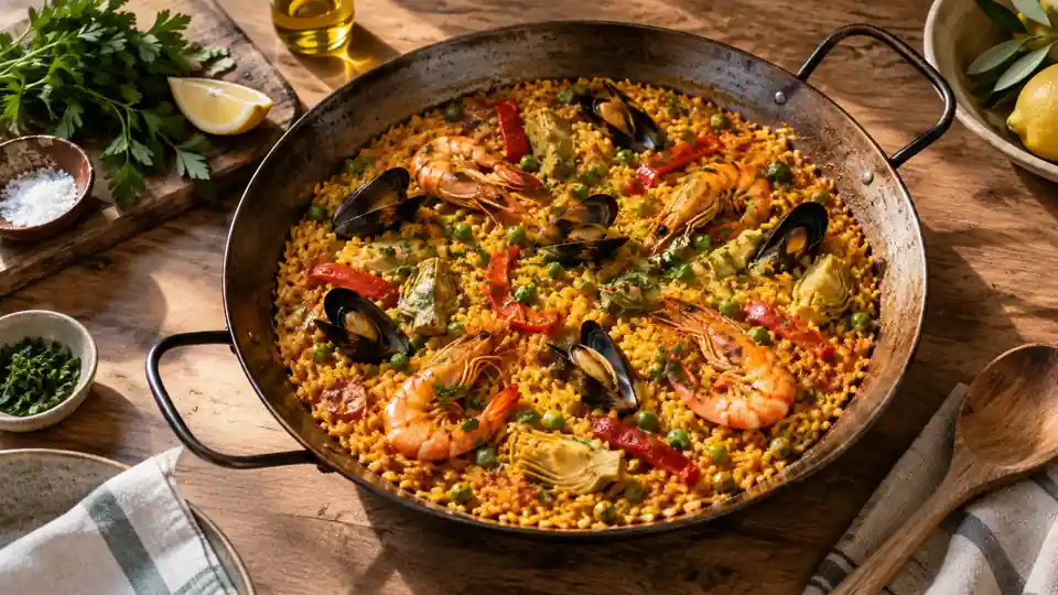 wide carbon steel paella pan with saffron rice