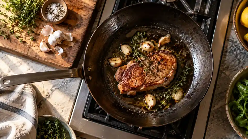 carbon steel pan in a realistic home kitchen cooking scene