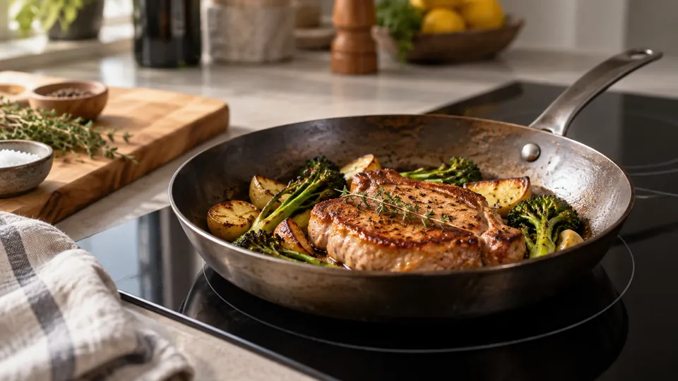 carbon steel pan on a modern cooking surface with heat visible