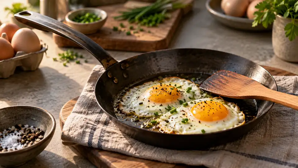 carbon steel egg pan with cooked eggs and a wooden spatula