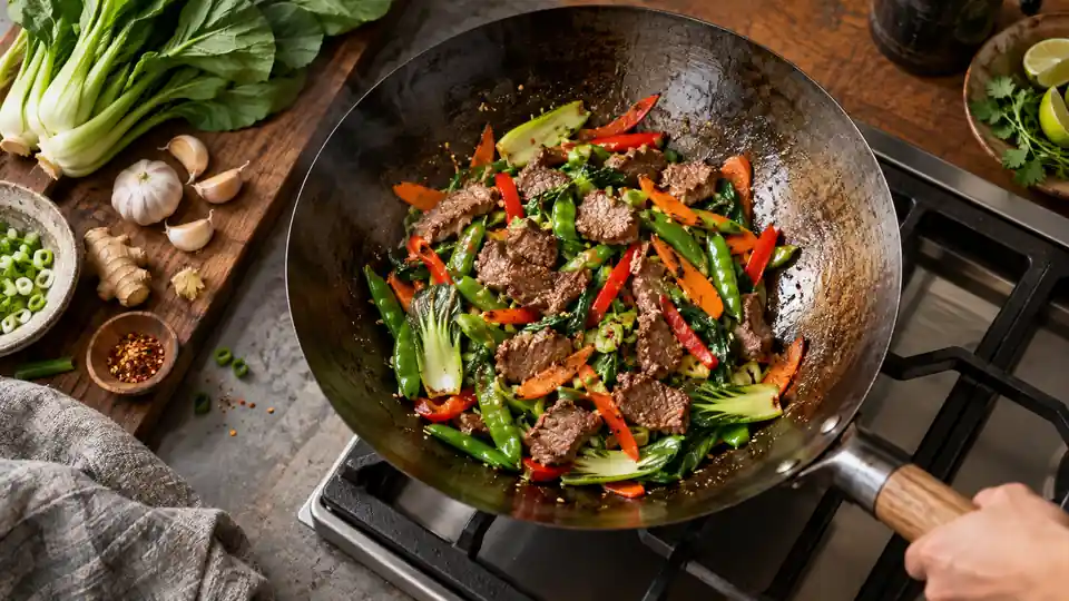 carbon steel wok with a colorful stir-fry on a stovetop