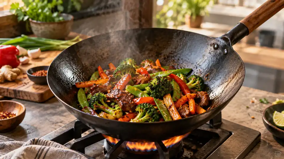 carbon steel wok with a colorful stir-fry on a stovetop