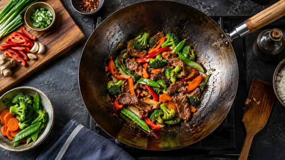 carbon steel wok with a colorful stir-fry on a stovetop