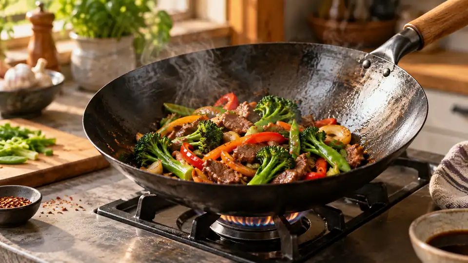 carbon steel wok with a colorful stir-fry on a stovetop
