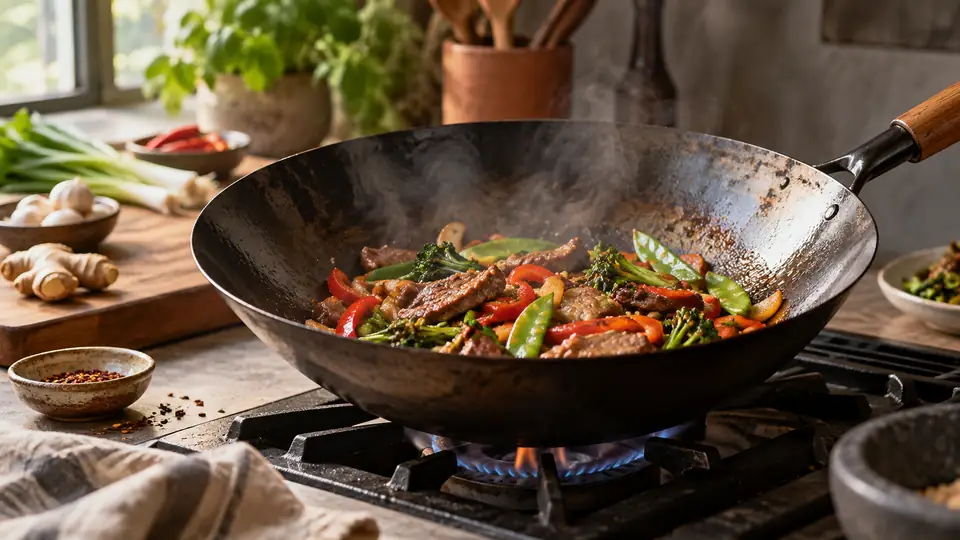 carbon steel wok with a colorful stir-fry on a stovetop