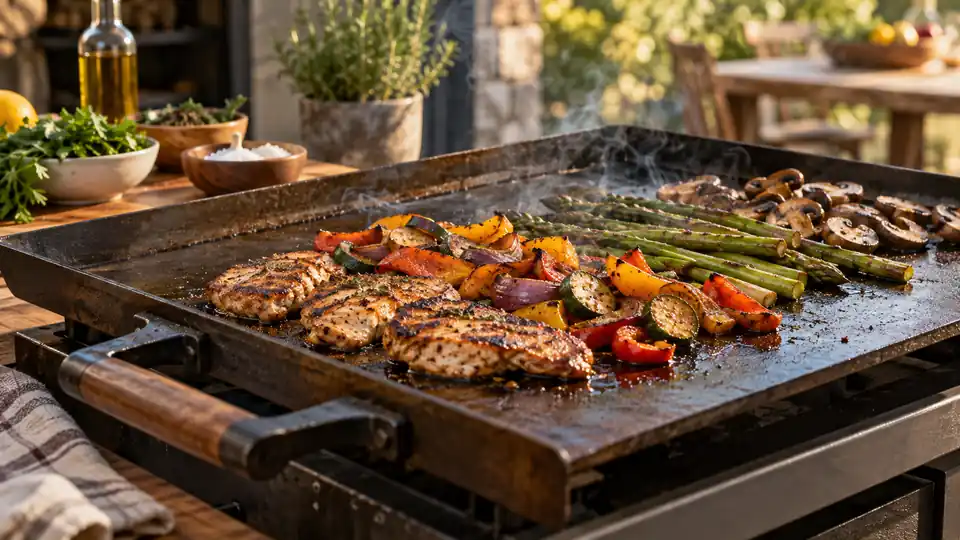 broad carbon steel griddle cooking vegetables and seared food