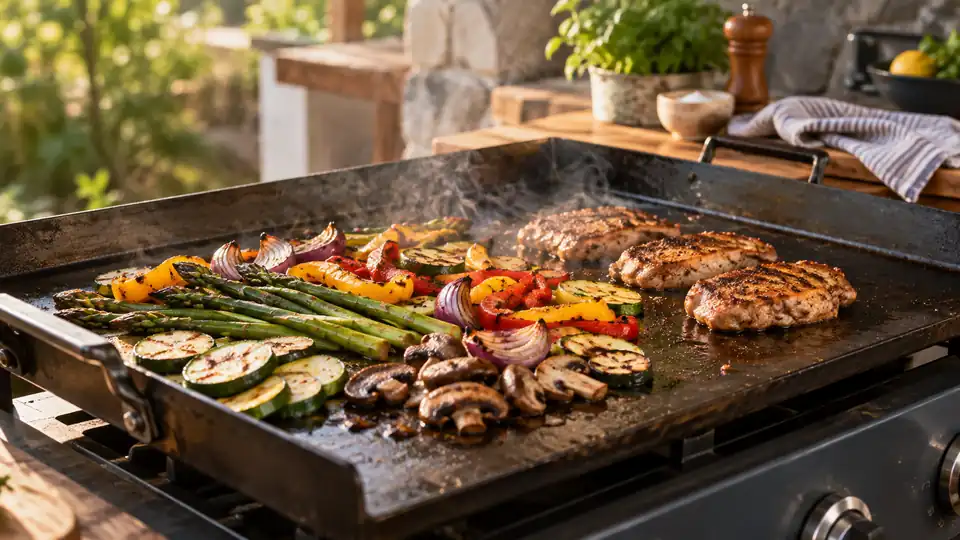 broad carbon steel griddle cooking vegetables and seared food
