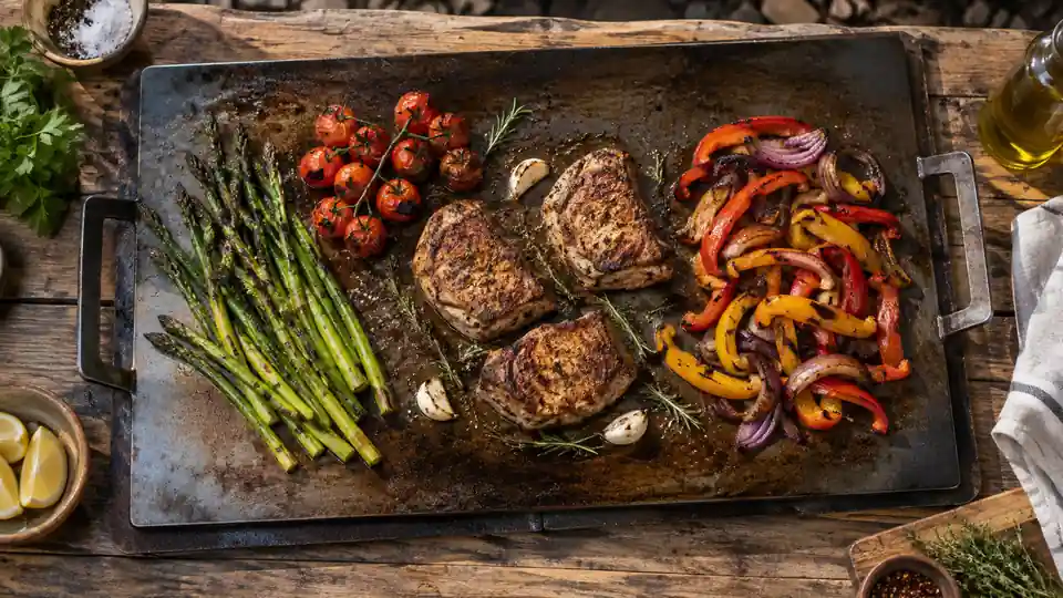 broad carbon steel griddle cooking vegetables and seared food