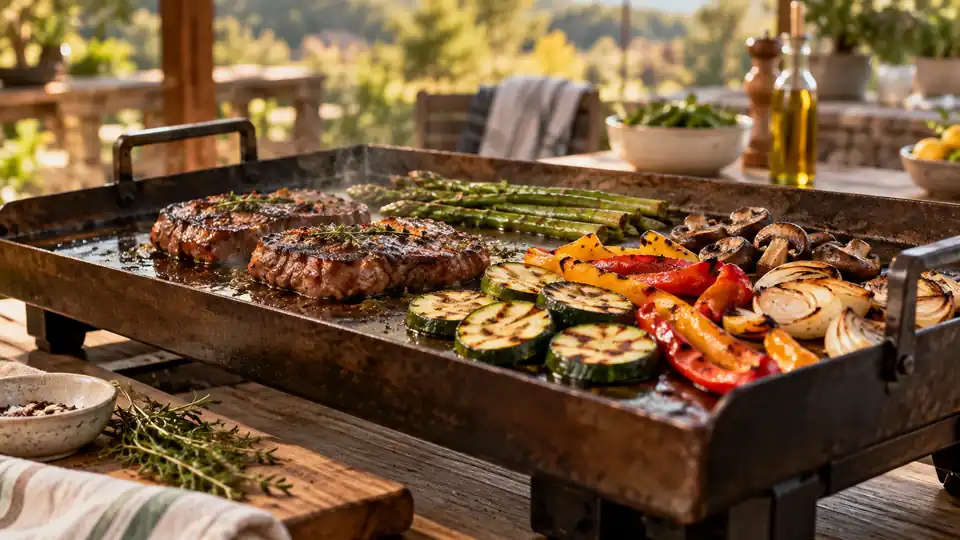 broad carbon steel griddle cooking vegetables and seared food