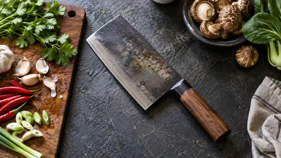 carbon steel kitchen knife beside fresh ingredients on a cutting board