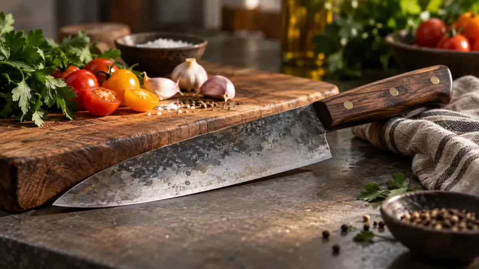 carbon steel kitchen knife beside fresh ingredients on a cutting board
