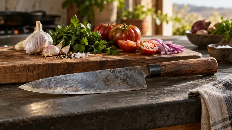 carbon steel kitchen knife beside fresh ingredients on a cutting board
