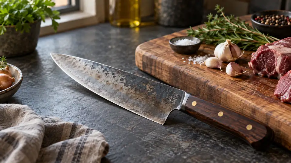 carbon steel kitchen knife beside fresh ingredients on a cutting board