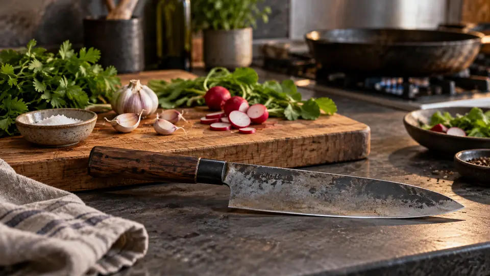 carbon steel kitchen knife beside fresh ingredients on a cutting board