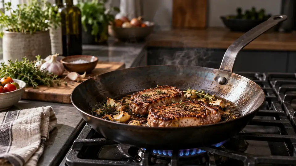 carbon steel pan in a realistic home kitchen cooking scene