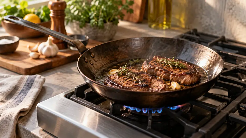 carbon steel pan on a modern cooking surface with heat visible