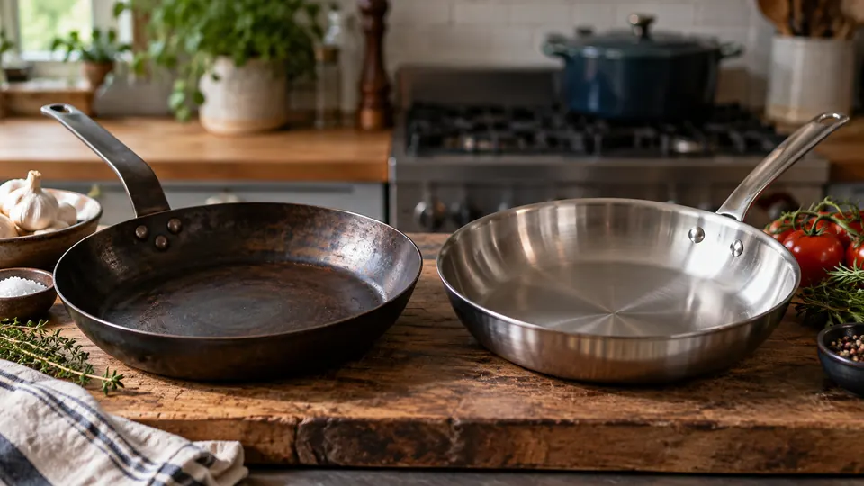 carbon steel cookware beside contrasting cookware in a kitchen comparison