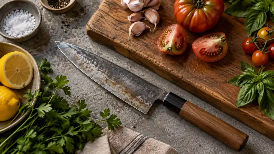 carbon steel kitchen knife beside fresh ingredients on a cutting board