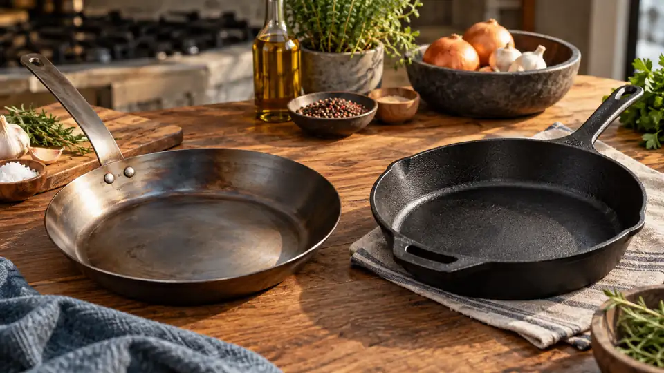carbon steel cookware beside contrasting cookware in a kitchen comparison