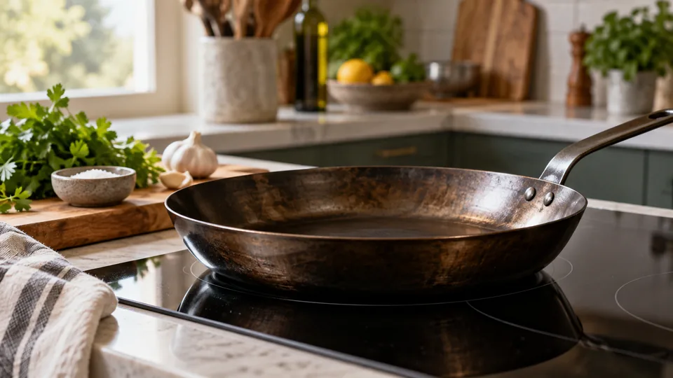 carbon steel pan on a modern cooking surface with heat visible