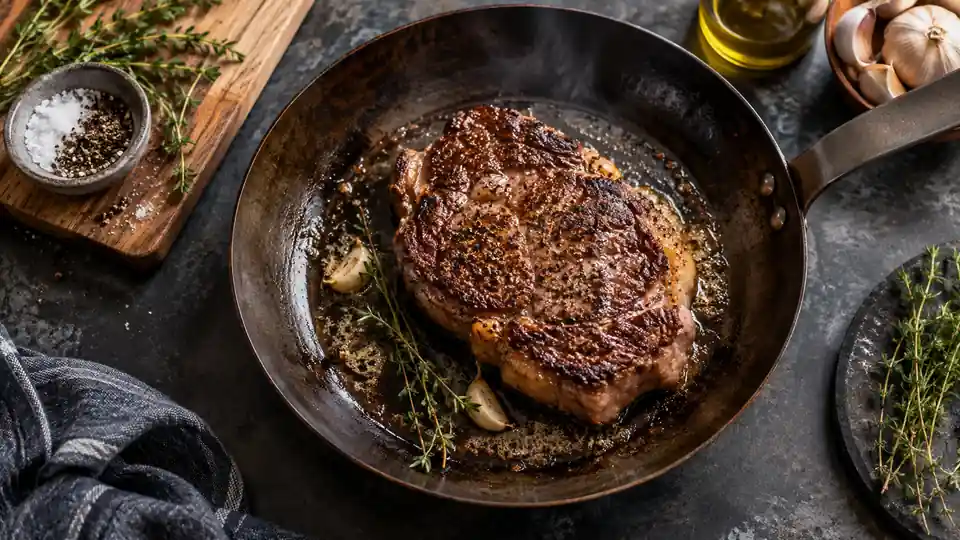 carbon steel skillet searing a steak with a browned crust