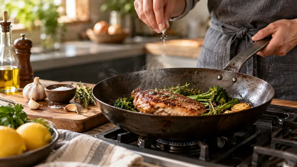 carbon steel pan in use with simple ingredients in an everyday kitchen