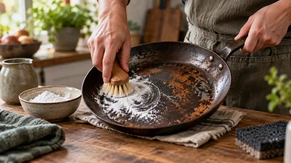 carbon steel cookware showing patina during a rust-restoration process