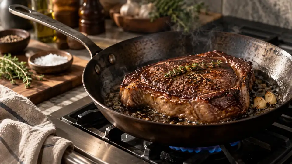 carbon steel skillet searing a steak with a browned crust