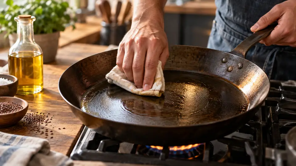 carbon steel pan being seasoned with a thin coat of oil on a stovetop