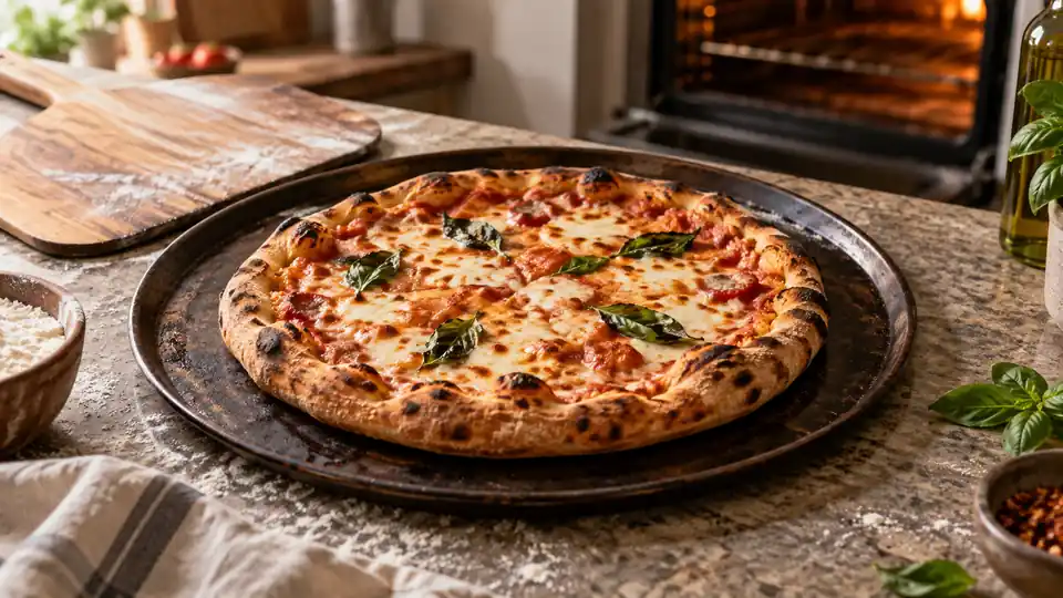carbon steel pizza pan holding a fresh artisan pizza on a kitchen counter
