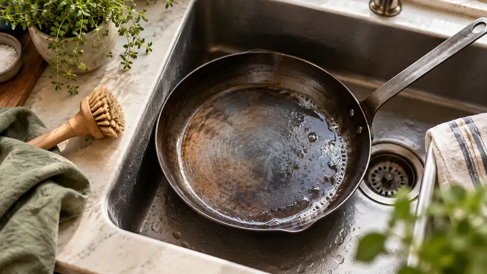 carbon steel pan being cleaned at a kitchen sink with a soft brush