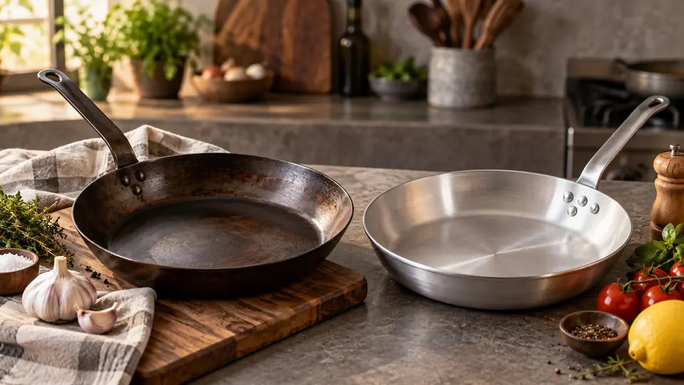 carbon steel cookware beside contrasting cookware in a kitchen comparison