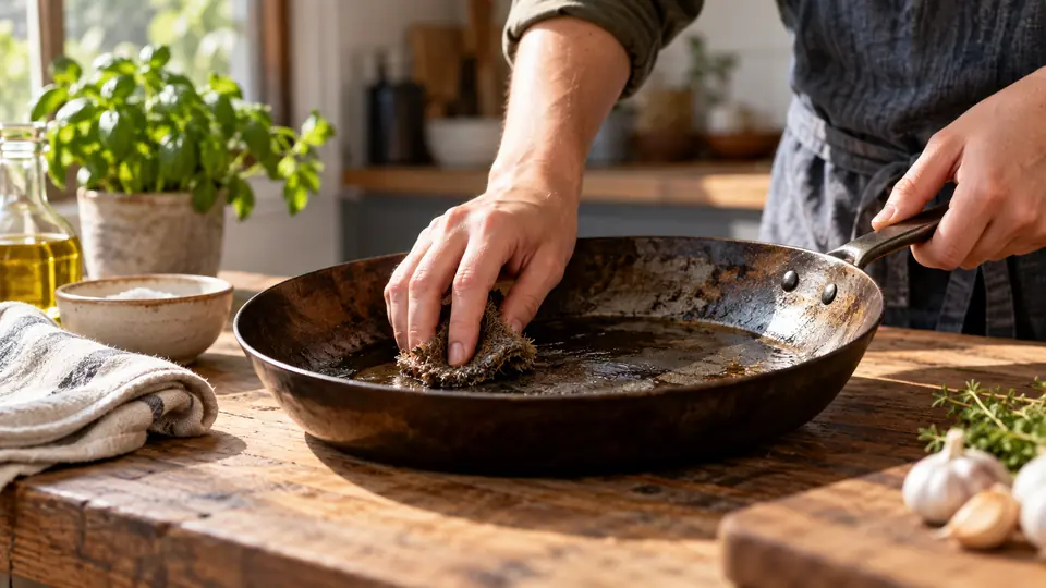 carbon steel cookware showing patina during a rust-restoration process