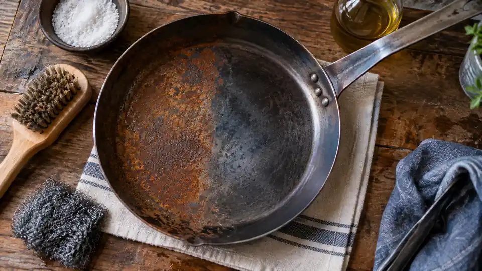 carbon steel cookware showing patina during a rust-restoration process