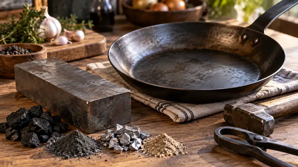 carbon steel sample and cookware surface arranged as a materials study