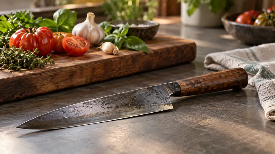 carbon steel kitchen knife beside fresh ingredients on a cutting board