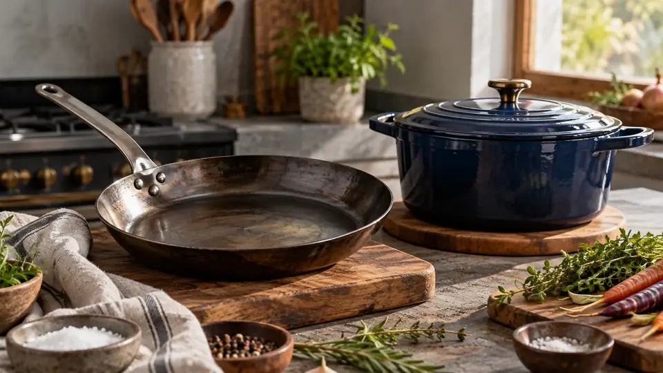 carbon steel cookware beside contrasting cookware in a kitchen comparison
