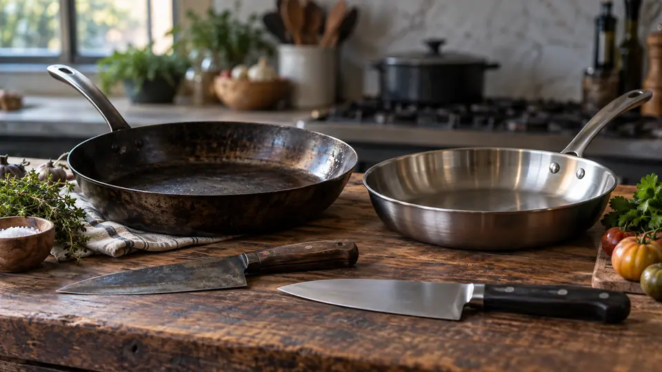 carbon steel cookware beside contrasting cookware in a kitchen comparison