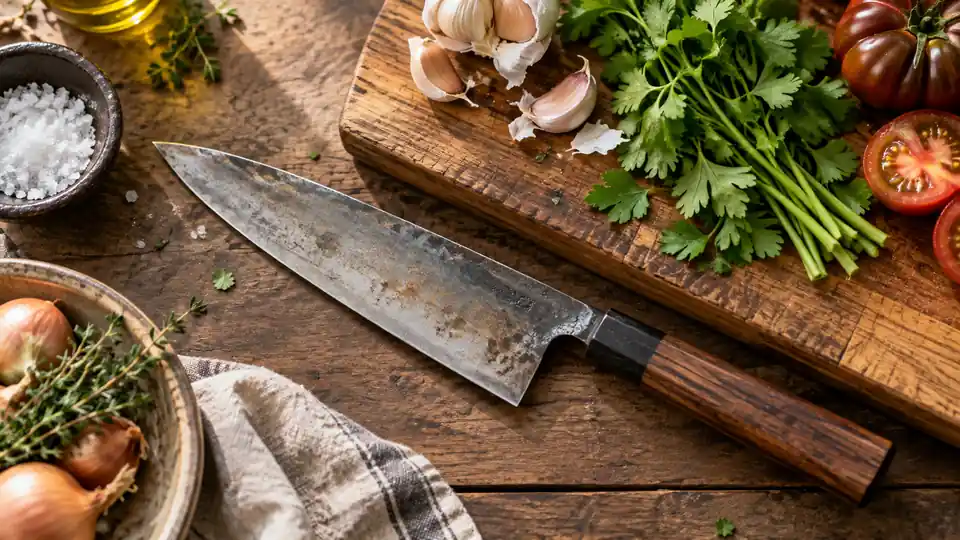 carbon steel kitchen knife beside fresh ingredients on a cutting board