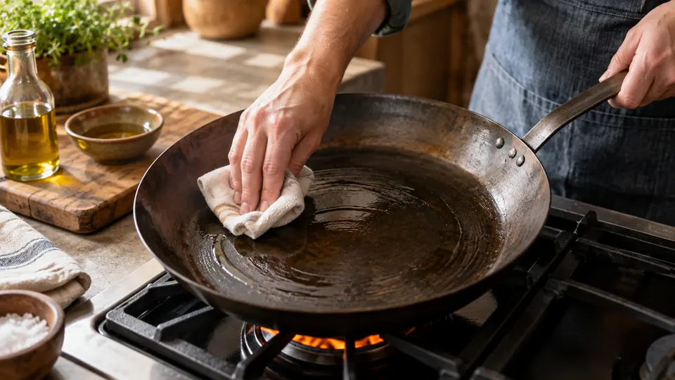carbon steel pan being seasoned with a thin coat of oil on a stovetop